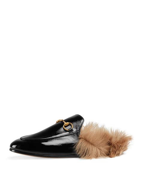 Gucci Women's Princetown Patent Leather & Lamb Fur Mules